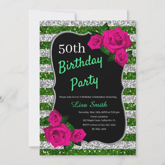 Grüne Silberstreifen Glitzer Rosa Rosen Einladung (Vorderseite)