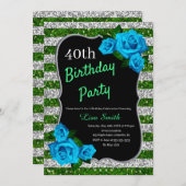 Grüne Silberstreifen Streifen Glitzer Blaue Rose Einladung (Vorne/Hinten)