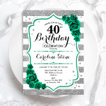 Grüne Silberstreifen Weiße Streifen Floral 40. Geb Einladung<br><div class="desc">40. Geburtstagsfeier Party Einladung. Elegantes florales smaragdgrünes Design mit Rose. Enthält Imitate Glitzer silber und weiß Streifen und Skript-Schriftart. Ideal für eine stilvolle Damenfeier. Kann für jedes Alter angepasst werden! Gedruckte Zazzle Einladungen oder Sofortdownload digitalen druckbaren Vorlage.</div>