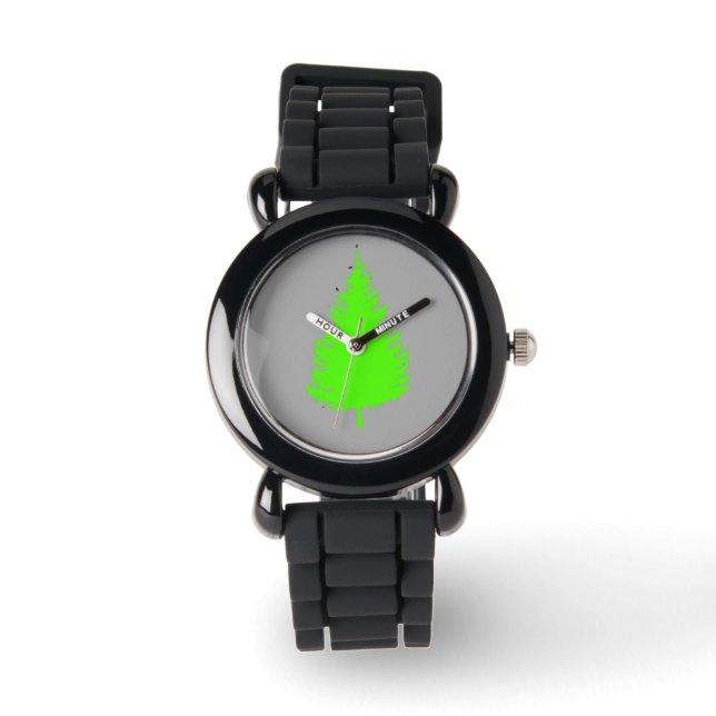 Grüne Silhouette auf grauer Uhr (Vorderseite)