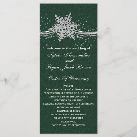 grüne Silver Snowflakes Hochzeitsprogramme Länge Programm (Vorderseite)
