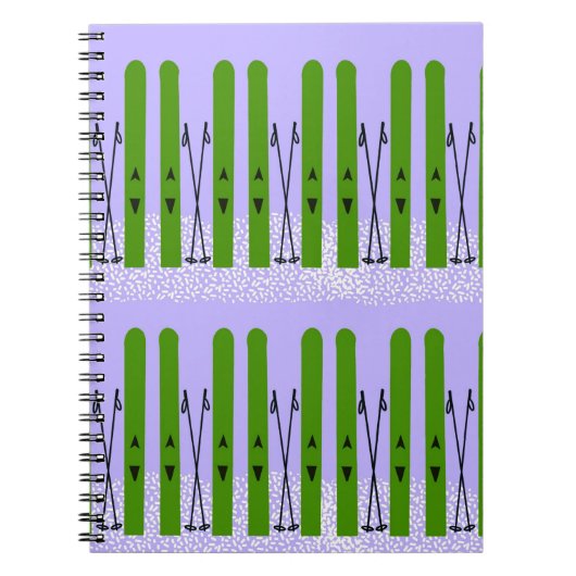 Grüne Skier auf lila Notebook Notizblock (Vorderseite)