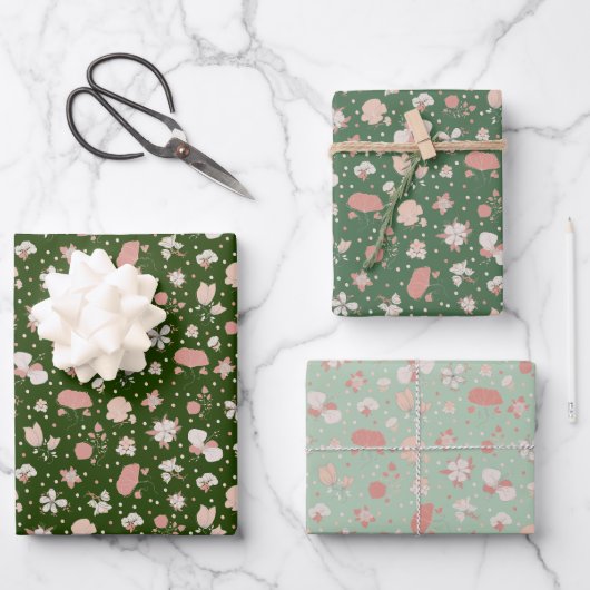 Grüne skizzierte Blumen Geschenkpapier Set (Vorderseite)