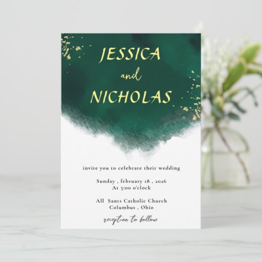 Grüne Smarald Watercolor Einladung zur Hochzeit (Stehend Vorderseite)