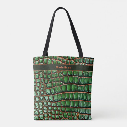 Grüne Snakeskin Muster Moderne Monogram Totbeutel Tasche (Rückseite)