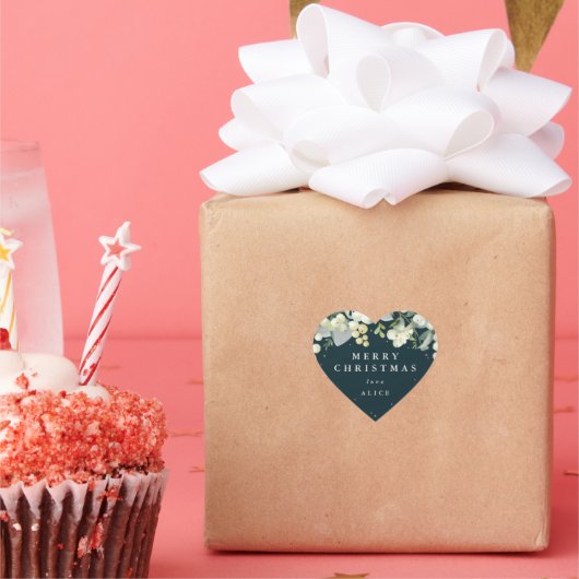 Grüne Snowberry+Eukalyptus Frohe Weihnachten/Gewoh Herz-Aufkleber (Party)