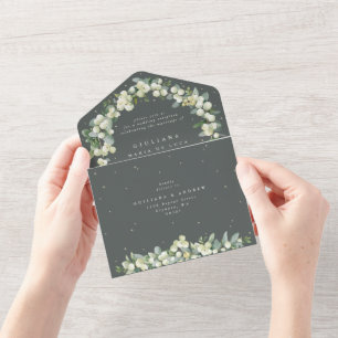 Grüne Snowberry+Eukalyptus Hochzeitsempfang nur All In One Einladung