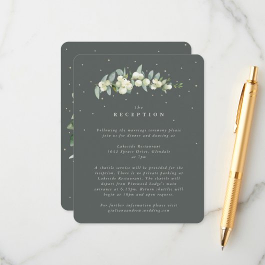 Grüne Snowberry+Eukalyptus Stem Hochzeitempfang Begleitkarte (Vorderseite/Rückseite Beispiel)