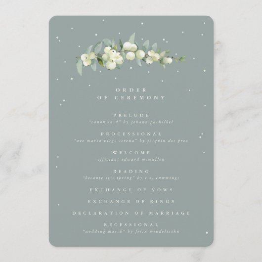 Grüne Snowberry+Eukalyptus Stem Wedding Programm (Vorderseite)