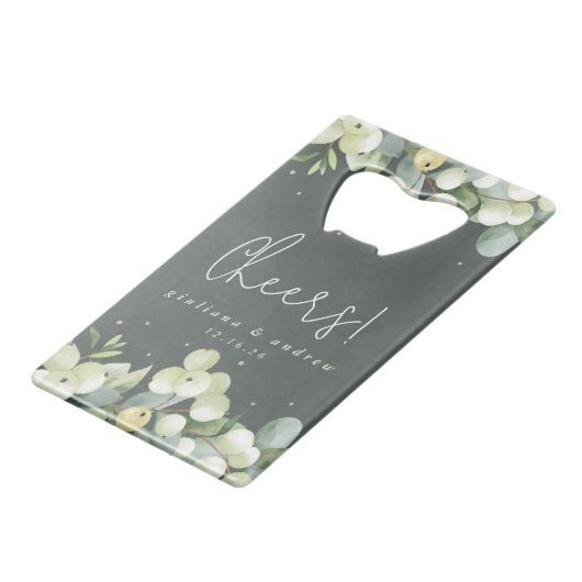 Grüne Snowberry+Eukalyptus Winter Wedding Mini Geldbeutel Flaschenöffner (Vorderseite Schrägansicht)