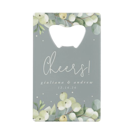 Grüne Snowberry+Eukalyptus Winter Wedding Mini Geldbeutel Flaschenöffner (Vorderseite)