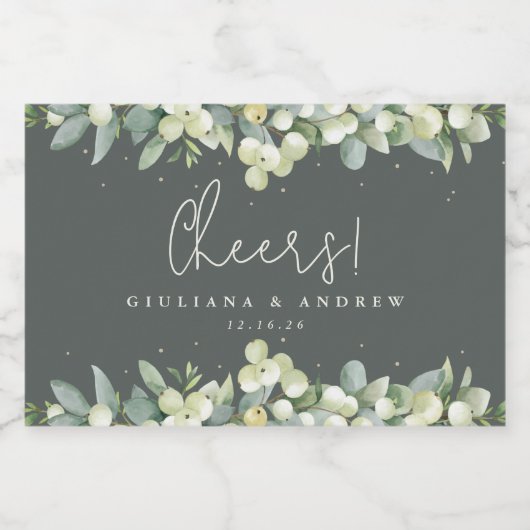 Grüne Snowberry+Eukalyptus Winter Wedding Mini Schaumweinetikett (Einzelnes Label)