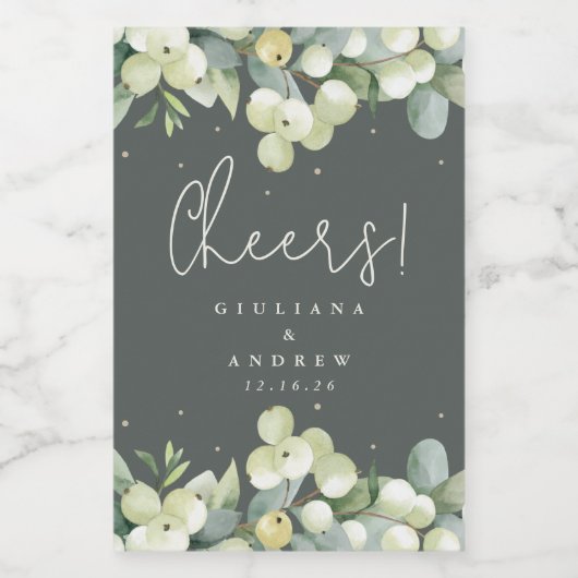 Grüne Snowberry+Eukalyptus Winter Wedding Mini Weinetikett (Einzelnes Label)
