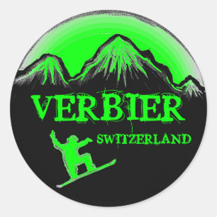 Grüne Snowboard-Aufkleber in Verbier Schweiz Runder Aufkleber