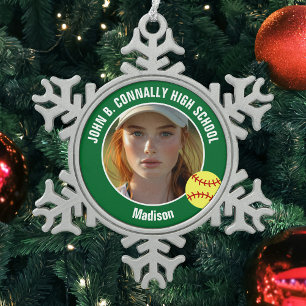 Grüne Softball-Spielerin Foto High School Andenken Schneeflocken Zinn-Ornament