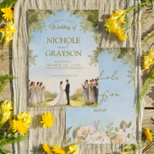 Grüne Sommerblumen-Aquarell-Hochzeit im Freien Einladung