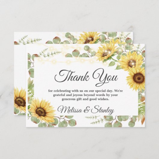Grüne Sonnenblume Eukalyptus String Light Wedding Dankeskarte (Vorne/Hinten)