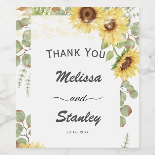 Grüne Sonnenblume Eukalyptus String Light Wedding Weinetikett (Einzelnes Label)