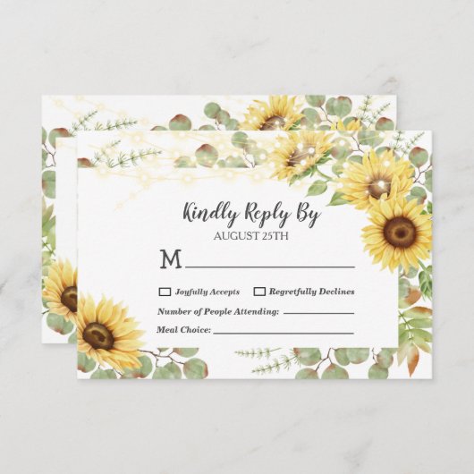 Grüne Sonnenblume Eukalyptus String Lights Hochzei RSVP Karte (Vorne/Hinten)