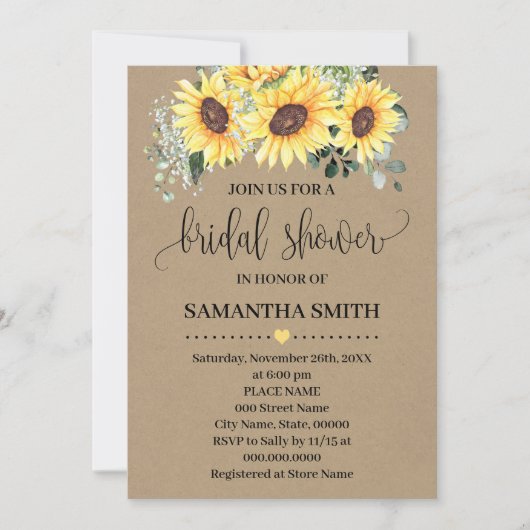 Grüne Sonnenblumen Blumen Brautparty Rustikal Einladung (Vorderseite)