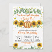 Grüne Sonnenblumen Fall Pumpkin Erster Geburtstag Einladung (Vorderseite)