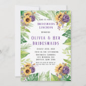 Grüne Sonnenblumen Lila Blumenbridmaids Mittagesse Einladung (Vorderseite)