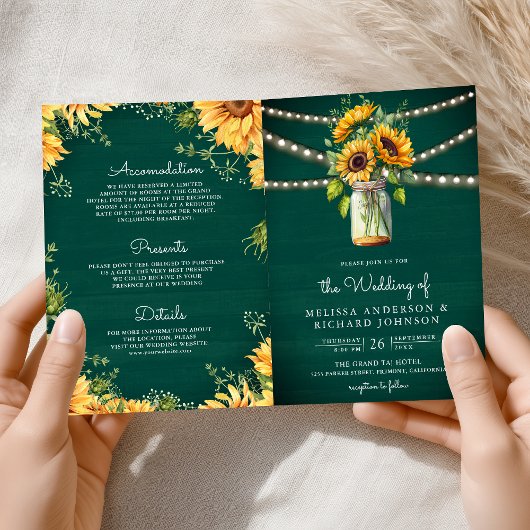 Grüne Sonnenblumen-Mason-Glas-QR-Code-Hochzeit in Einladung
