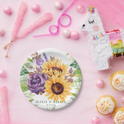 Grüne Sonnenblumen und Lila Blumenzehen Pappteller (Party)
