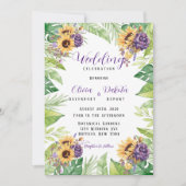 Grüne Sonnenblumen und Lila Florals Wedding Inv Einladung (Vorderseite)