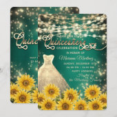 Grüne Sonnenblumenstränge beleuchtet Goldzauber Einladung (Vorne/Hinten)