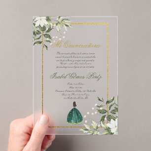 Grüne Spanische Quinceanera Acryleinladungen