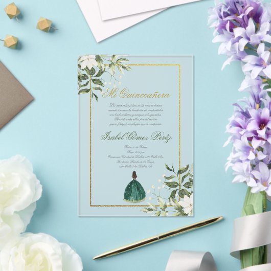 Grüne Spanische Quinceanera Acryleinladungen (In Situ (Hochzeit))