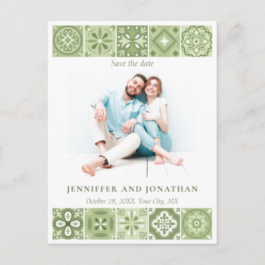GRÜNE SPANISCHE TILES SAVE THE DATE POSTCARD POSTKARTE (Vorderseite)