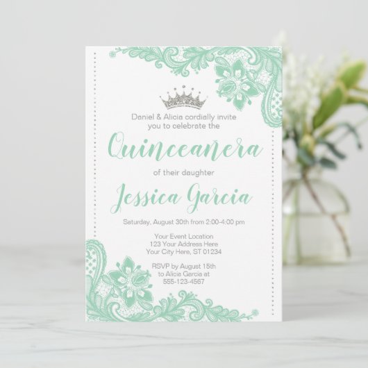 Grüne Spitze-u. Silber-Glitzer-Prinzessin Einladung (Stehend Vorderseite)