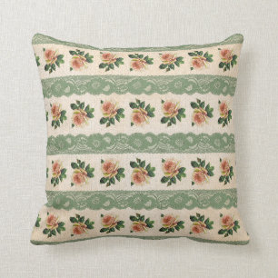 Grüne Spitze und rosa Rose Vintage Kissen