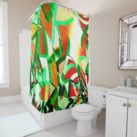 Grüne Spuren, Drizzles auf orangefarbenem Korallen Duschvorhang (Beispiel)