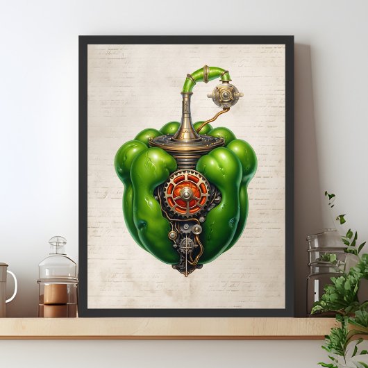 Grüne Steampunk-Glockenpaprika-Wandkunst, Küche Poster