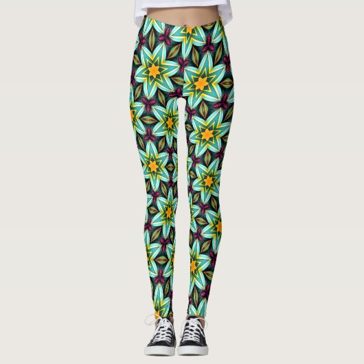 Grüne Sterne Blumenmuster Leggings (Vorderseite)