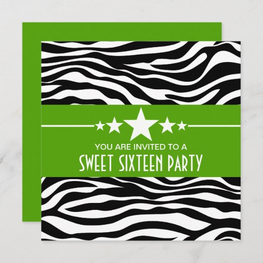 Grüne Sterne Zebra Print Sweet 16 Einladen Einladung (Vorne/Hinten)