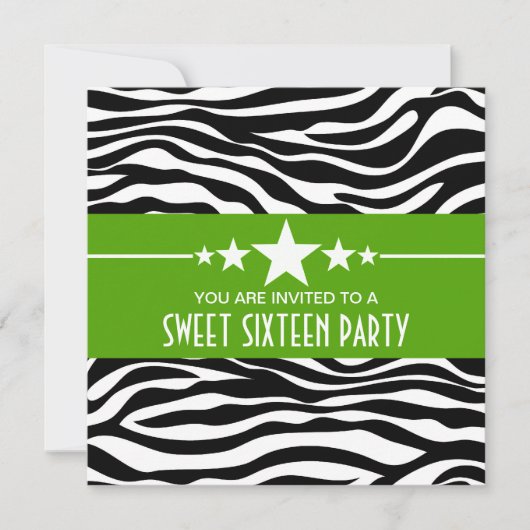 Grüne Sterne Zebra Print Sweet 16 Einladen Einladung (Vorderseite)