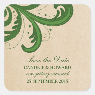Grüne stilvolle Swirls Save-the-Date-Aufkleber Quadratischer Aufkleber
