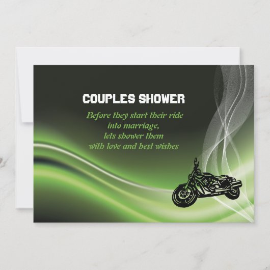 Grüne Straßenfahrer/Motorrad Hochzeitspaare Dusche Einladung (Vorderseite)