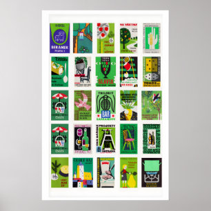 Grüne Streichholzschachtel-Etiketten Collage, vint Poster