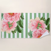 Grüne Streifen aus rosafarbenen Peonies Strandtuch (Vorderseite)