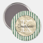 Grüne Streifen Creme Gold Monogramm Magnet (Vorderseite/Rückseite)