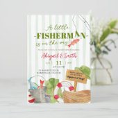Grüne Streifen fallen Boy Fishing Babydusche Einladung (Stehend Vorderseite)