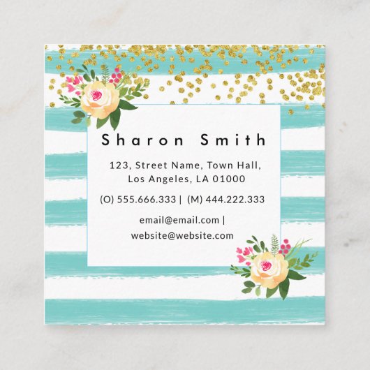 Grüne Streifen in Aquarellfarben Gelber Glitzer Quadratische Visitenkarte (Rückseite)