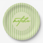 Grüne Streifen Matcha Skript-Baby-Party Pappteller (Vorderseite)