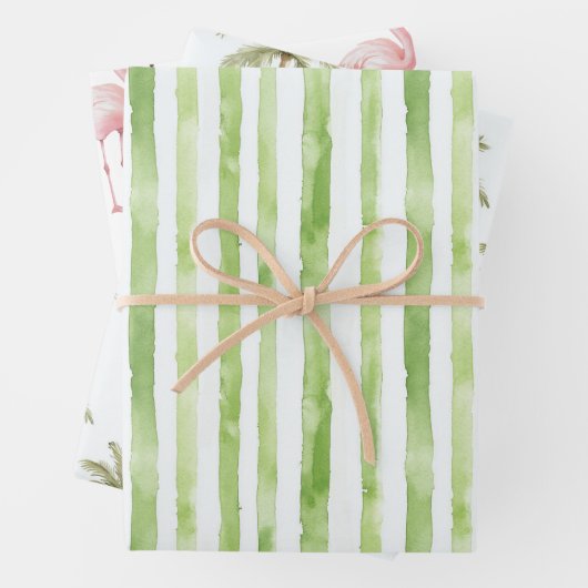 Grüne Streifen Rosa Flamingo Palmen Bäume Geburtst Geschenkpapier Set (Beispiel)