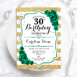 Grüne Streifen und weiße Streifen am 30. Geburtsta Einladung<br><div class="desc">30. Geburtstag Party Einladung. Elegantes florales smaragdgrünes Design mit Rose. Enthält Imitate Glitzer goldene und weiße Streifen und Skript-Schriftart. Ideal für eine stilvolle Damenfeier. Kann für jedes Alter angepasst werden! Gedruckte Zazzle Einladungen oder Sofortdownload digitalen druckbaren Vorlage.</div>
